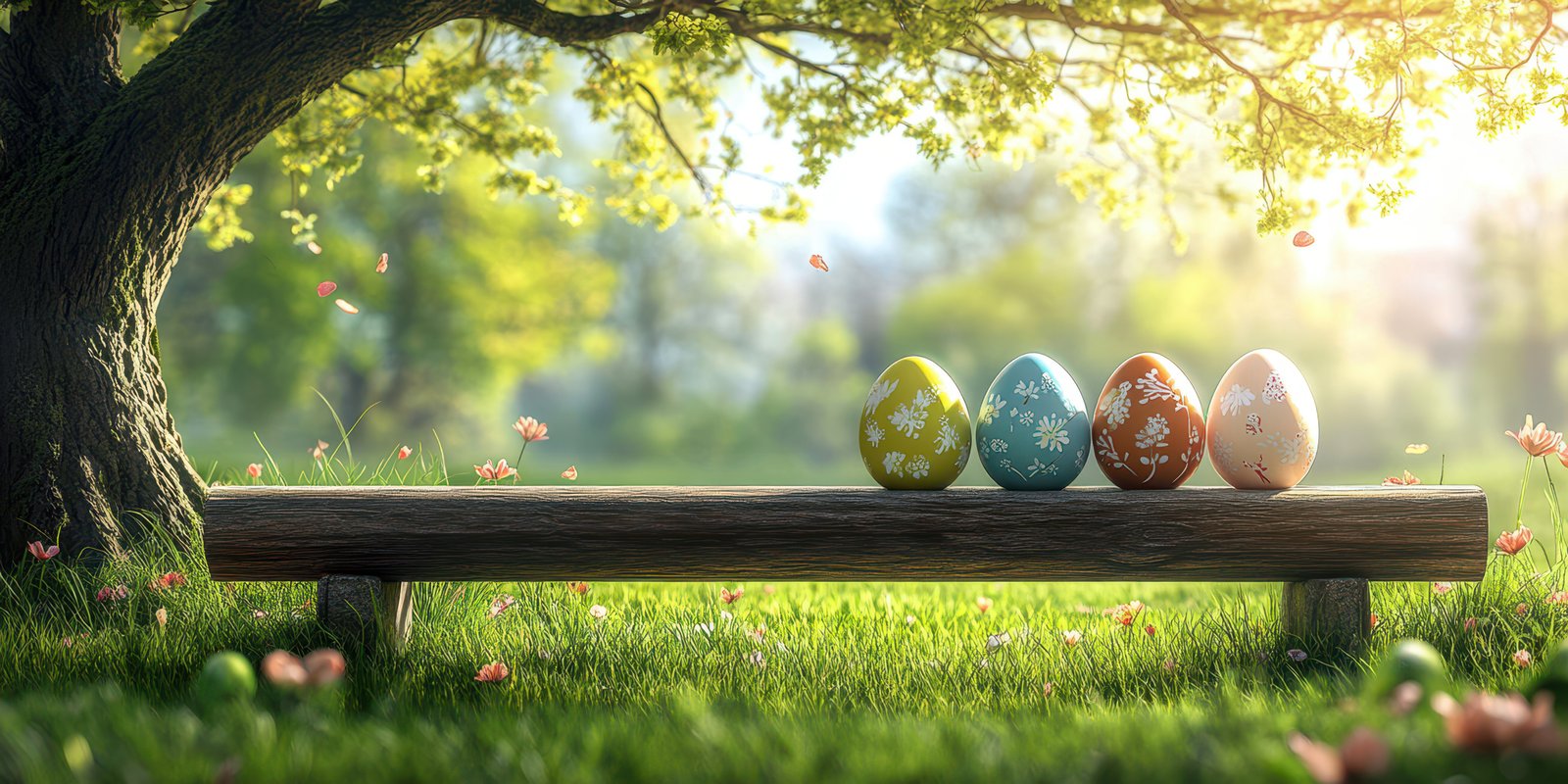 Colorful decorated eggs placed on a wooden bench under a blossoming tree in a vibrant spring park